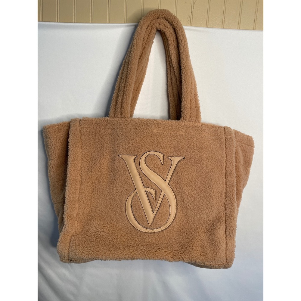 Victoria's Secret VS Logo Sherpa Fleece Tote Bag Camel Tan Oversized Bag